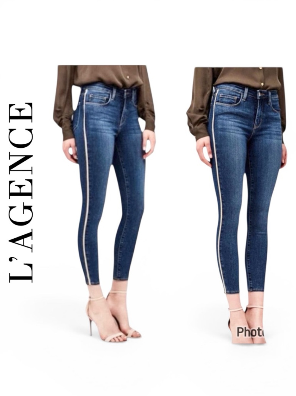 L’Agence Margot High Rise Metallic Gold Tuxedo Stripe Skinny Jeans Size 26